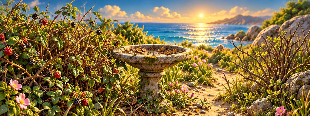Berry Thicket before restoration: bare bushes around a dry stone birdbath