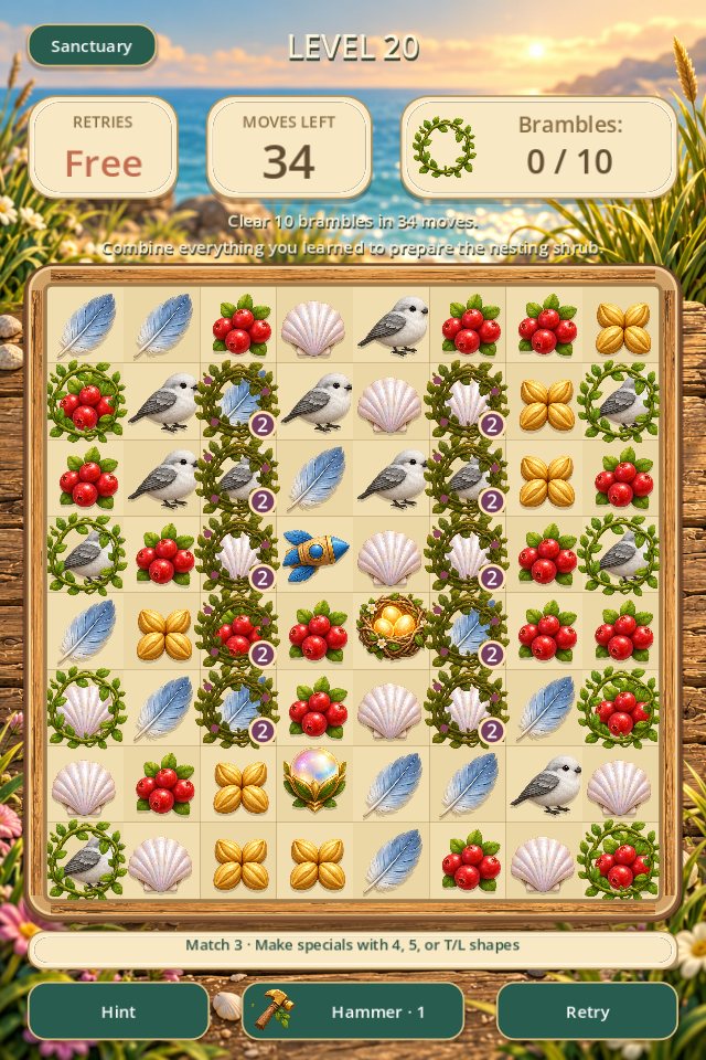 Level 20: an eight by eight board of berries, seeds, feathers and shells with vines and brambles to clear