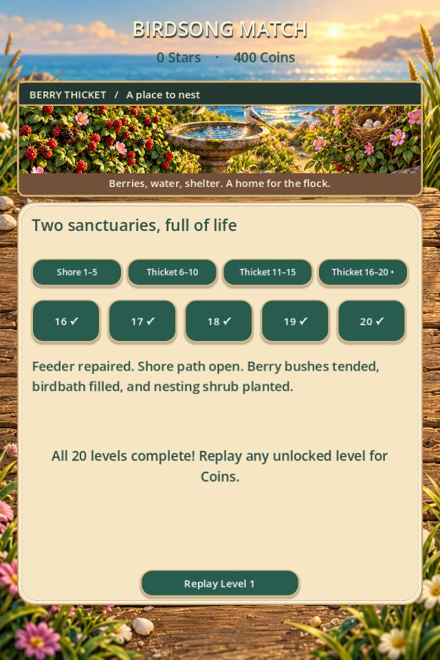 The sanctuary screen with Berry Thicket fully restored and all twenty levels completed